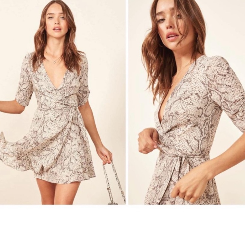Reformation cream snake print wrap dress.